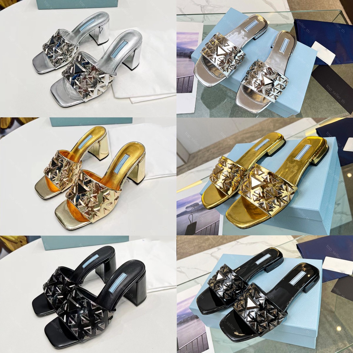 

Studded Metallic Leather Mules Designer Women Sandal Flat Chunky Heel Triangle Embossed Slippers Summer Flat Slides With Box