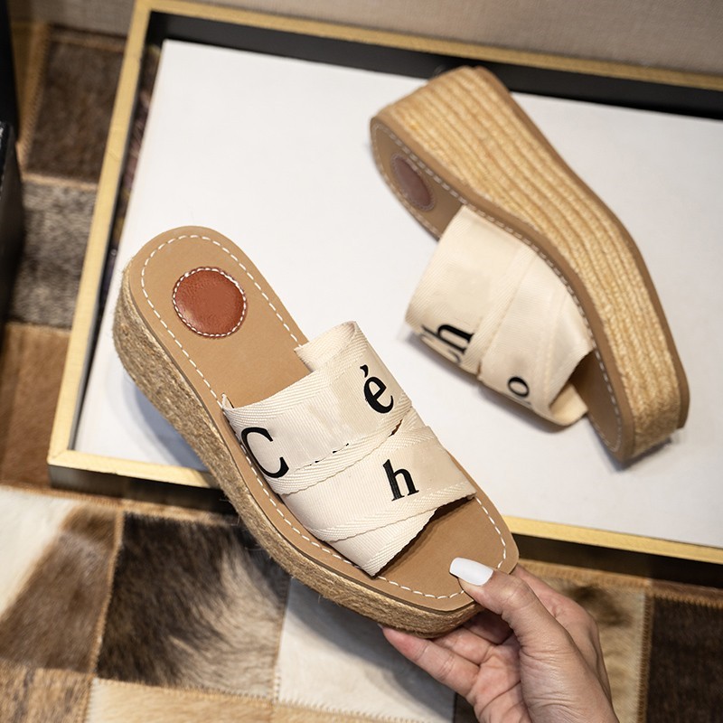 

CHIOE CLOE woody Platform Espadrille tote mules canvas strap Wedge sandals thick bottoms Fabic knitting weave sole slides designer slippers beige black dress shoes, 2305pd1-2
