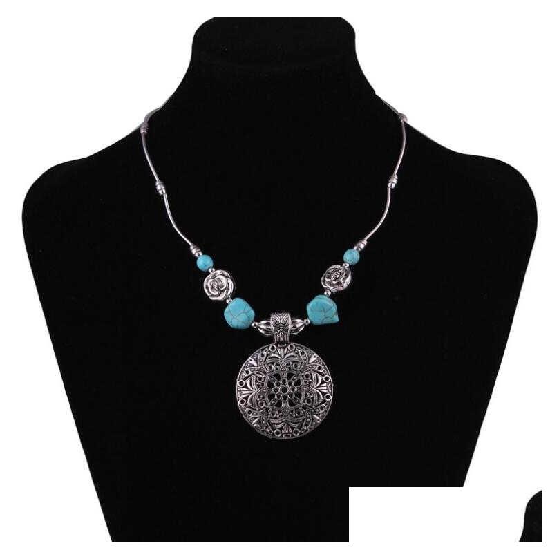 

Pendant Necklaces Womens Flower Hollow Tibetan Sier Turquoise Gstqn004 Fashion Gift National Style Women Diy Necklace Pendants Drop Dhgne