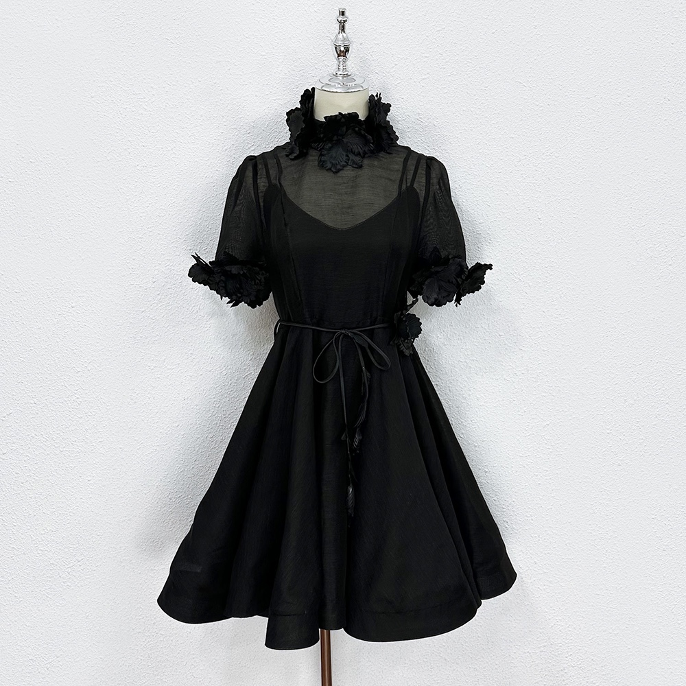 

Casual Dresses Australian designer designed 2023 fashionable 3D flower silk linen short sleeve miniskirt, Black