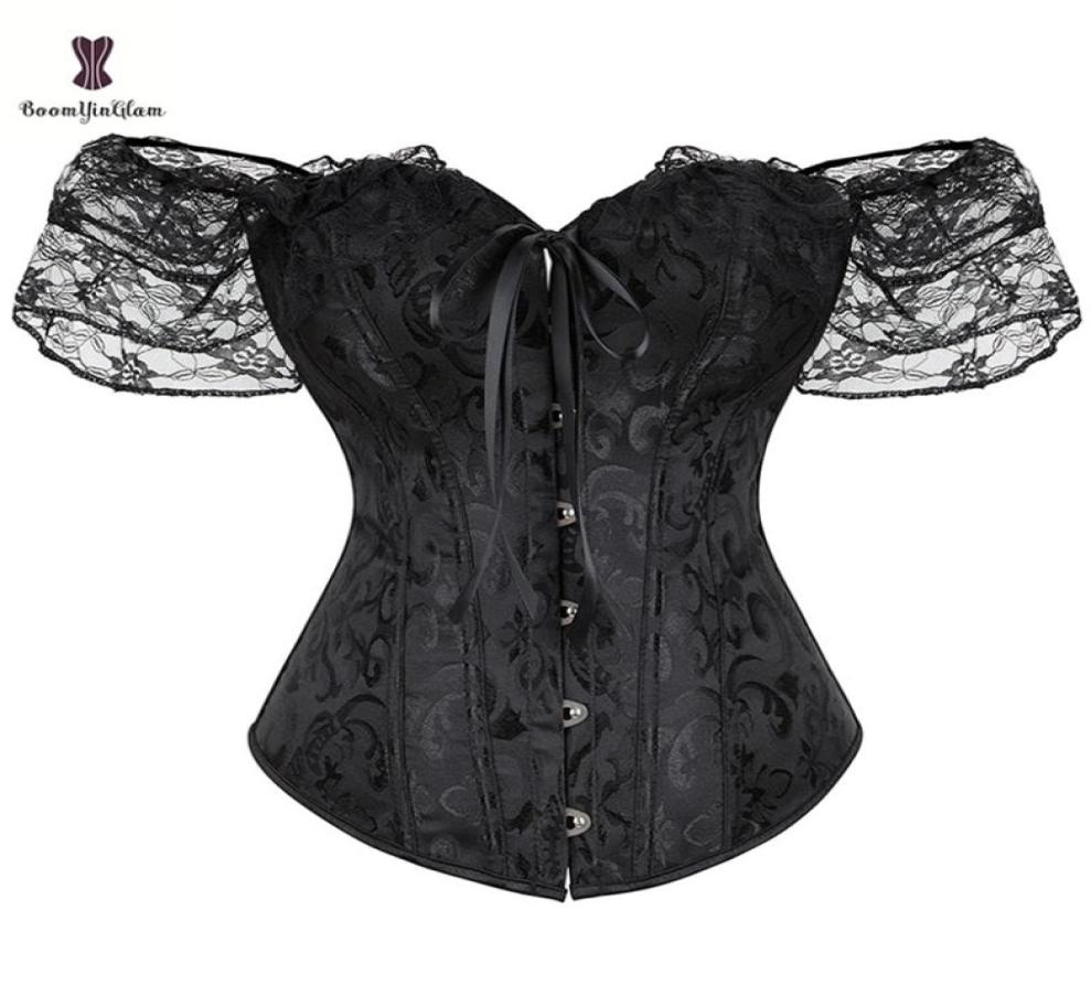 

Waist Tummy Shaper Steampunk Victorian Corset Women Top With 12 Steel Bones Lace Sleeves Chest Binder Bustier Plus Size 6XL Linger4975319, Black
