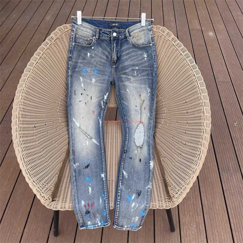 

Designer Clothing Amires Jeans Denim Pants Amies Tide Brand Paint Splashing Ink Washing Water Blue Old Damaged Palace Flower Slim Fit Small Feet Slp Jeans Mens High St, Light blue
