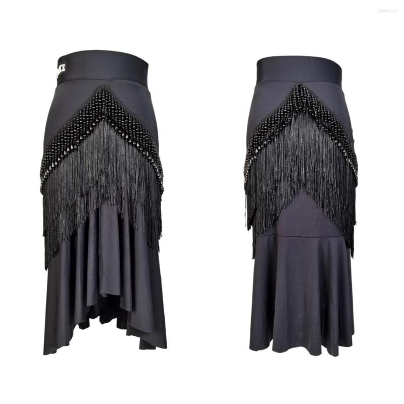 

Stage Wear Black Latin Dance Skirt Women Rumba Salsa Performance Beaded Tassels Fishtail Practice Clothing Adult DNV17067