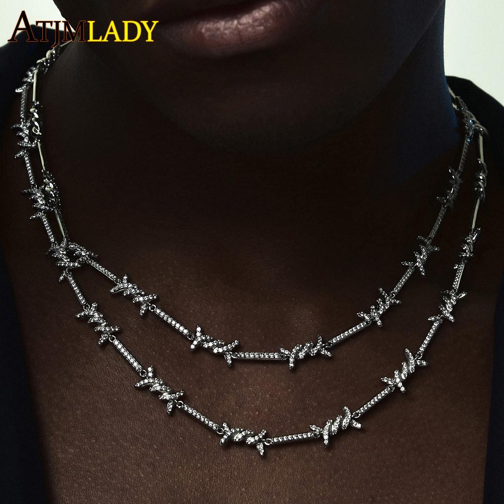 

Necklaces Micro Pave Cz Barbed Wire Link Chain Choker Necklace Full Paved Bling 5A Cubic Zirconia Iced Out Hip Hop Men Boy Women Jewelry