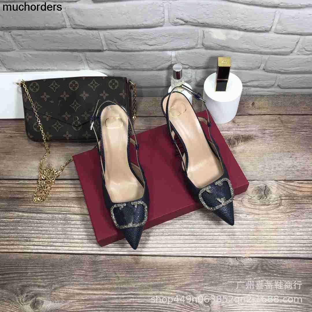 

V-Family One Line High Heels 2023 Spring/Summer Cat Heel Metal Label Fashion Nude Color Series Sandals Women's Shoes, Blue