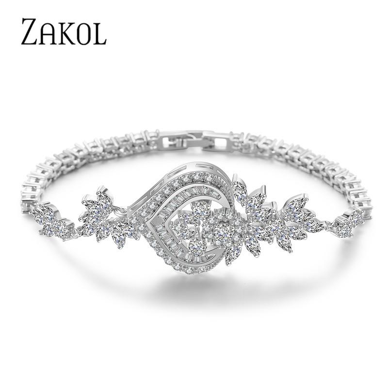 

Bangle ZAKOL Vintage Chandelier Flower Chain Link Bracelets for Elegent Women Luxury Marquise CZ Brincos Bridal Wedding Jewelry BP2040