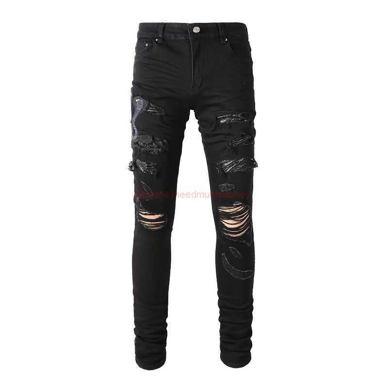 

Designer Clothing Amires Jeans Denim Pants High Street Fashion Brand Amies Black Embroidery Jeans with Holes in Ins Ruffled Handsome Pants Stretch Slim Pants for Men