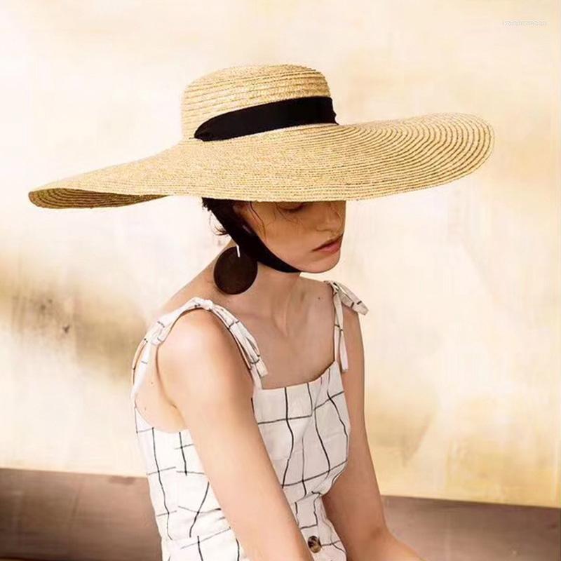 

Wide Brim Hats Elegant Summer Women Long Ribbon Natural Visor Straw Hat Holiday Beach Cap Ladies Large Protection Sun, Black ribbon 10cm