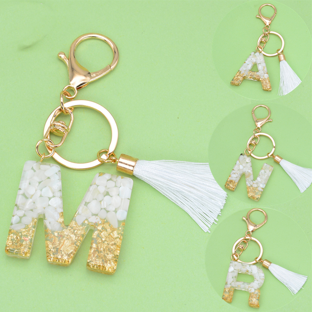 

White Tassel Letter Key Ring Imitation Crystal Drop Glue Pendant Accessories European and American Popular Hanging Ornaments