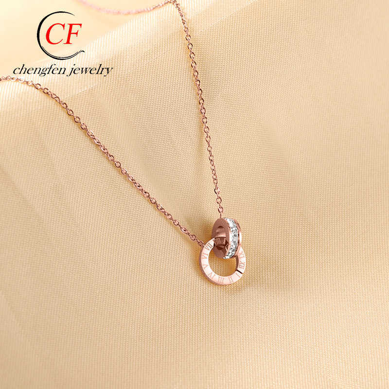 

New hollow double ring fashion personality stainless small waist Roman numerals pendant gold steel women's necklace