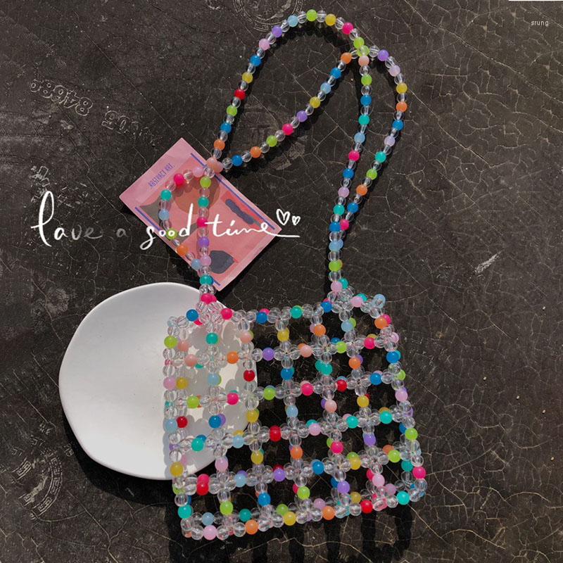 

Evening Bags Woven Transparent Candy Colored Shoulder Bag Women's Handmade Beaded Fashion Summer Ins Fairy Hollowed Out Phone, Picture color
