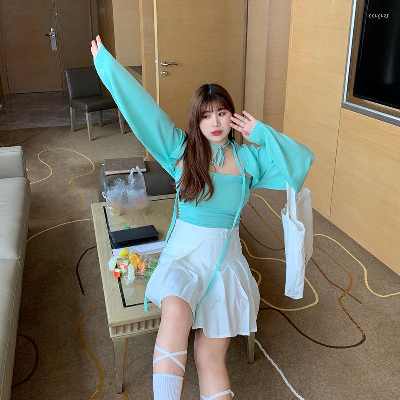 

Women's T Shirts EWSFV 2023 Autumn Arrive Women Large Size Long Sleeve Two-Piece Set Top Age-Reducing Knitted Cardigan Small Sling Suit Tops, Green cardigan