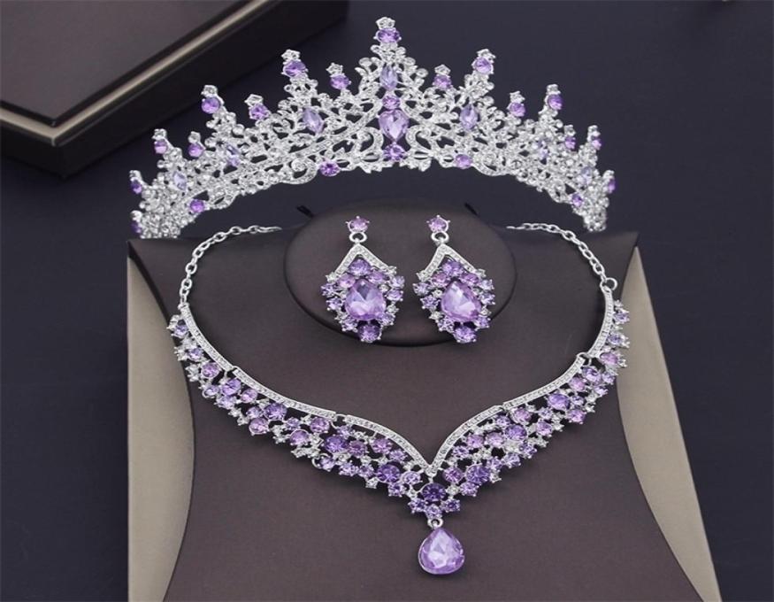 

Wedding Jewelry Sets Luxury Purple Crystal Bridal for Women Crown Earring Necklace Tiaras Bride Dubai 2211152848148