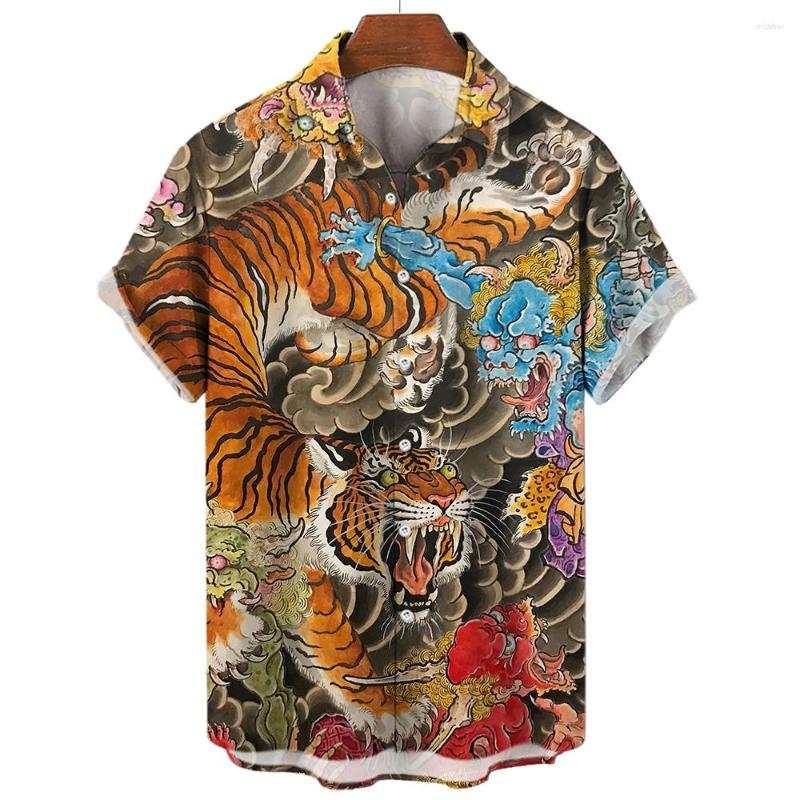 

Men's Casual Shirts Tiger Pattern Shirt Summer Short Sleeve Men's Anime Print Tops Lapel Oversized Button Clothing Pullover 5XL, E01-dy00945