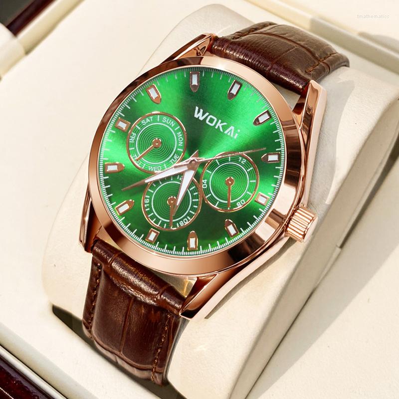 

Wristwatches WOKAI High Quality Casual Fashion Classic Green Men's Leather Belt Quartz Watch Business Sports Clock Simple Retro