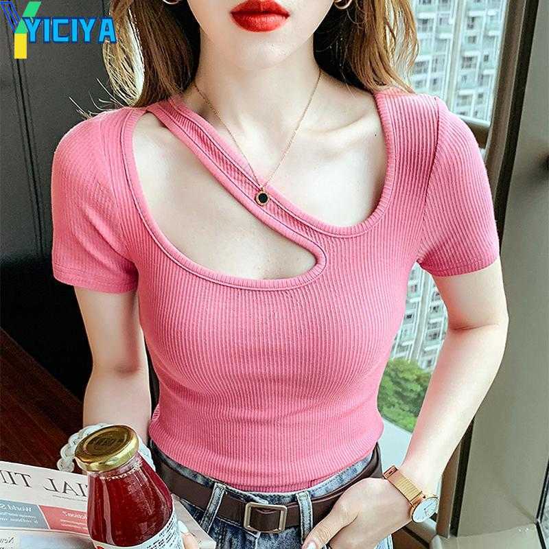 

YICIYA Women's T Shirts GGRIGHT Summer Clothes Tshirts For Women Slim Shirt Poleras Mujer Camisetas Solid Casual Tee Femme Womens Tops 2023, Khaki