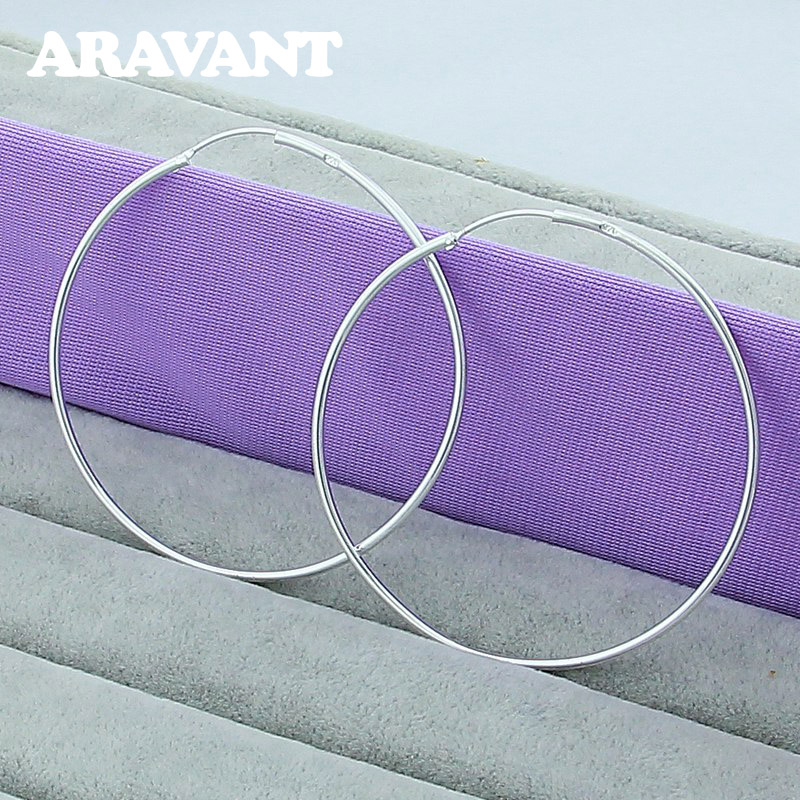 

Fashion 925 Silver 35/50/60MM Round Big Circle Hoop Earrings Women Silver Jewelry