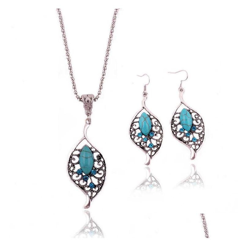 

Earrings Necklace Womens Hollow Flower Tibetan Sier Turquoise Set Gstqs010 Fashion Gift National Style Women Diy Jewelry Sets Drop Dhoeo, As picture