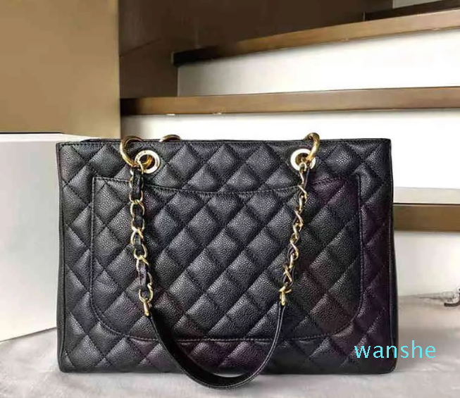 

2023 Handbag Caviar Leather GST Shoulder Bag Classic Design Large Capacity Tote Shopping Computer, Apricot gold chain