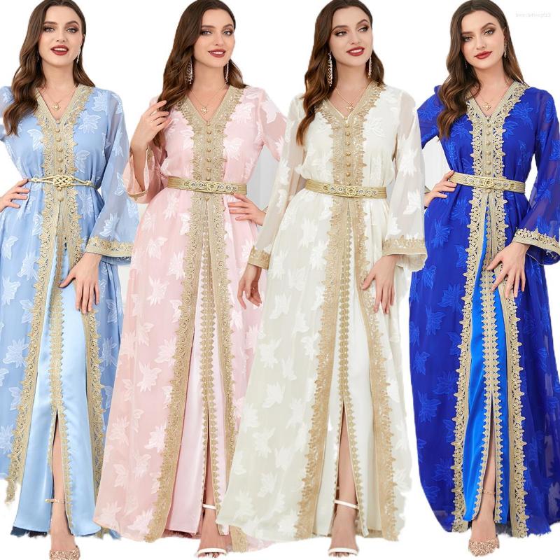 

Ethnic Clothing Elegant Casual Women's Dresses Abayas For Women Muslim 2 Pieces Set Floral Embroidery Guipure Lace Insert Belted Kaftan