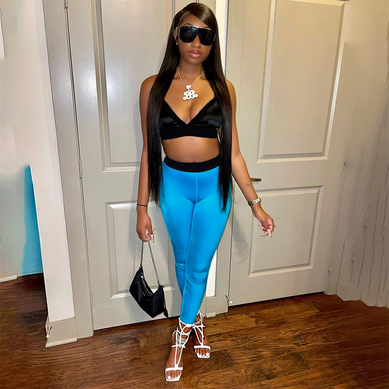 

Fashion Women's Two Piece Sets Summer New Sexy Tight Suspender Top Color Contrast Trousers Casual Suit