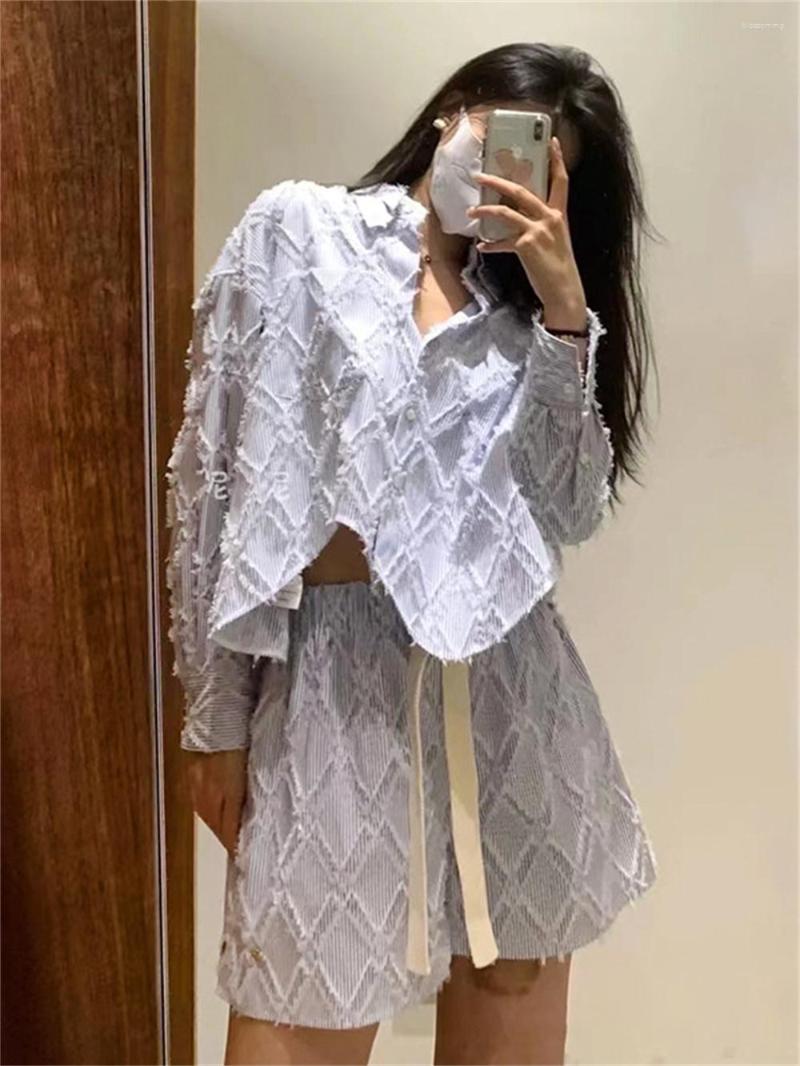 

Women' Shorts Women' Rhombus Fringed Edge Stripe Set 2023 Summer Ladies Single Breasted Turn Down Collar Blouse Or Elastic Waist