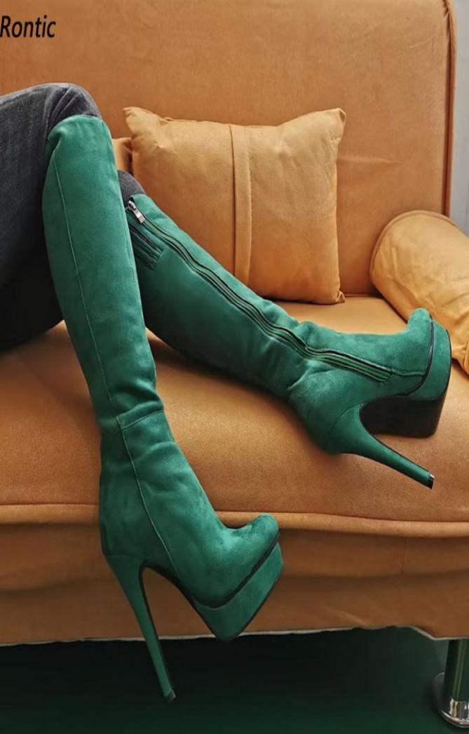 

Rontic Women Winter Knee Boots Full Zipper Stiletto High Heels Round Toe Beautiful Burgundy Black Green Party Shoes US Size 5201975352, Clear