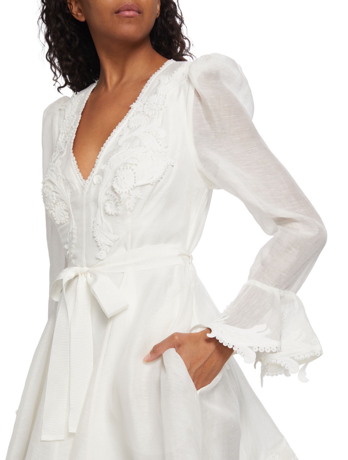 

Runway Dresses Australian designer Silk and hemp studded embroidered V-neck flared sleeve mini dress AA, White