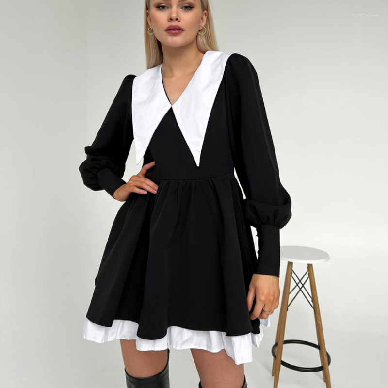 

Casual Dresses Vintage Dress Robe Femmes Elbise Doll Collar High Waist Black Mini Elegant Lantern Sleeve Abiye Vestidos Cortos