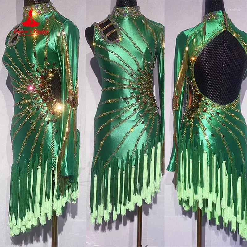 

Stage Wear Latin Dance Competition Suit Green Diamond Performance Costume Adult Female Rumba Chacha Tango Black Pool Dresses