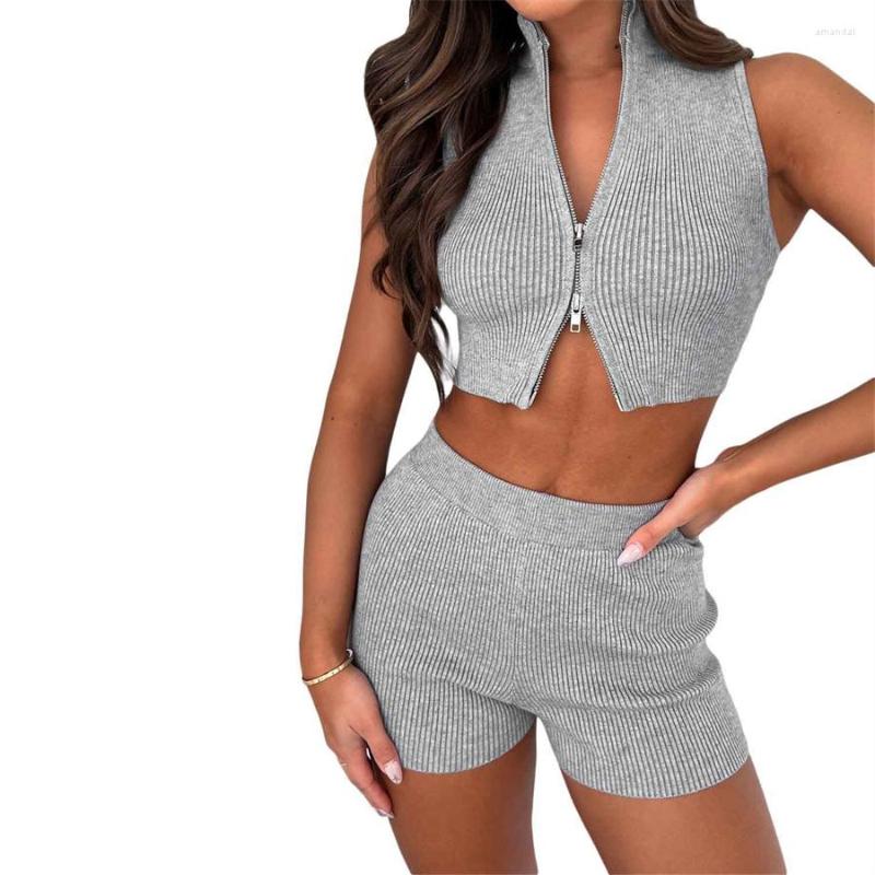 

Women' Tracksuits Women Summer Knit Top Shorts Suits Casual Sports Streetwear 2Pieces Sets Solid Color Sleeveless Zip-Up Rib Tank Tops, Gray