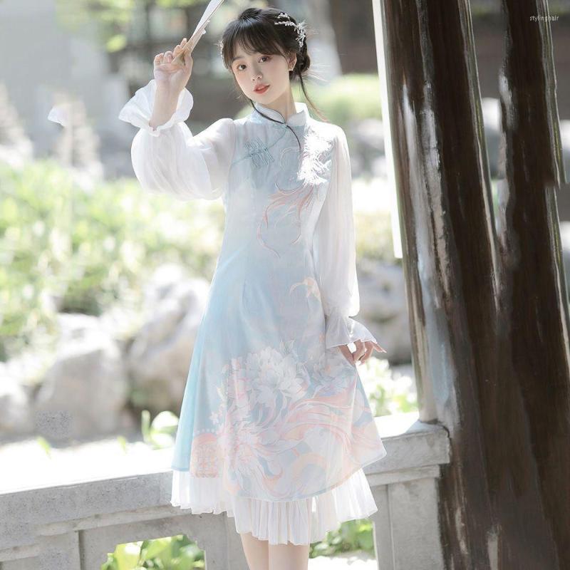 

Ethnic Clothing Women Blue Pink Cheongsam Dress Floral Vintage Wedding Costumes Long Sleeve Princess Fairy Traditional Hanfu