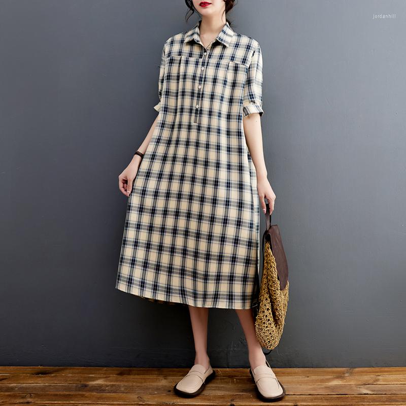 

Party Dresses 2023 Arrival Short Sleeve Patchwork Plaid Summer Blouse Dress Office Lady Work Cotton Fashion Women Casual Midi, Picture shown