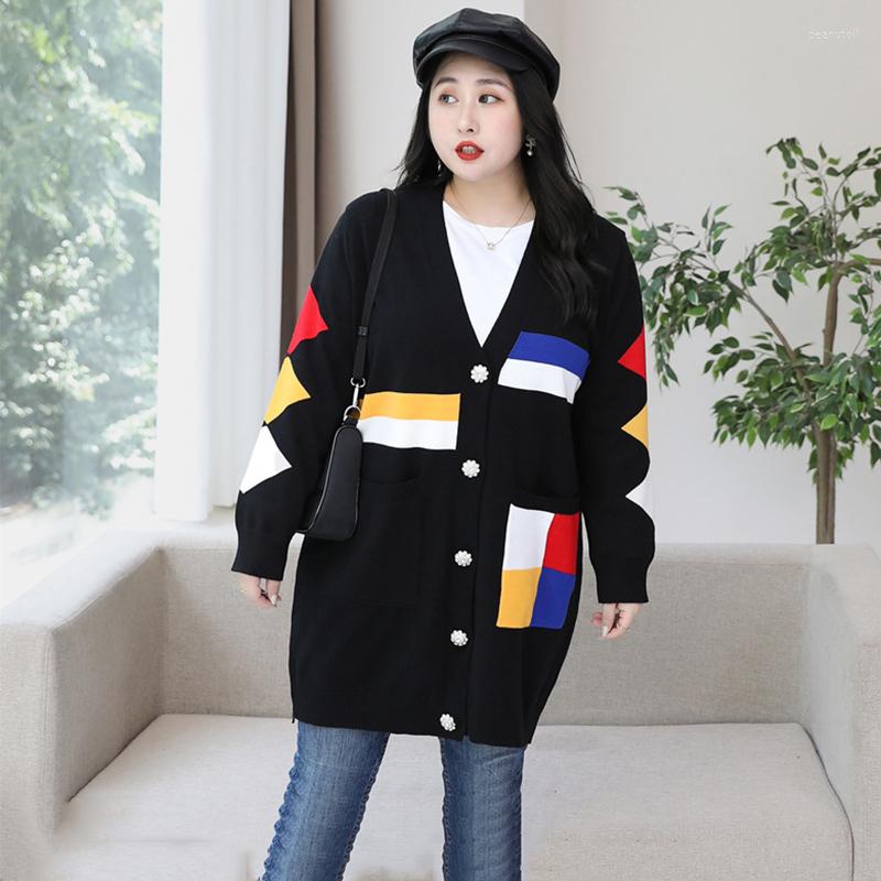 

Women's Knits My112 Fall Winter Women Knitting Cardigan Mid-Length Black Chic Patchwork Loose V-Neck Elegant Office Lady Warm Jackets, My112 black