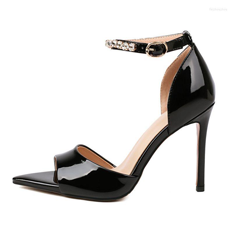 

Sandals MKKHOU Fashion Women Multi-color Patent Leather Pointed Fish Mouth High Heels Crystal Ankle Buckle Banquet Dress, White