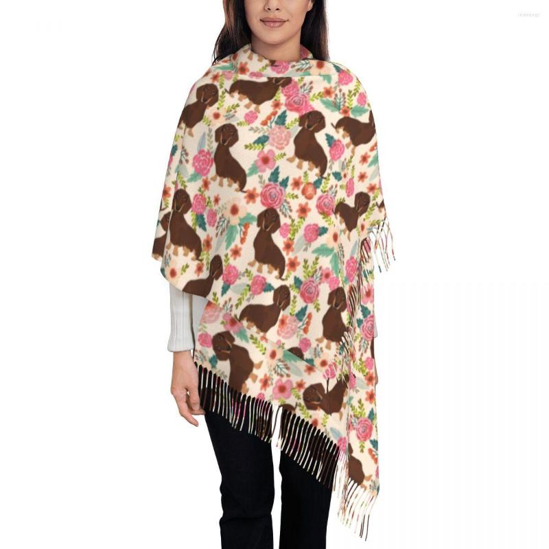 

Scarves Dachshund Florals Gift Tassel Scarf Women Soft Chocolate And Tan Doxie Dog Shawls Wraps Female Winter