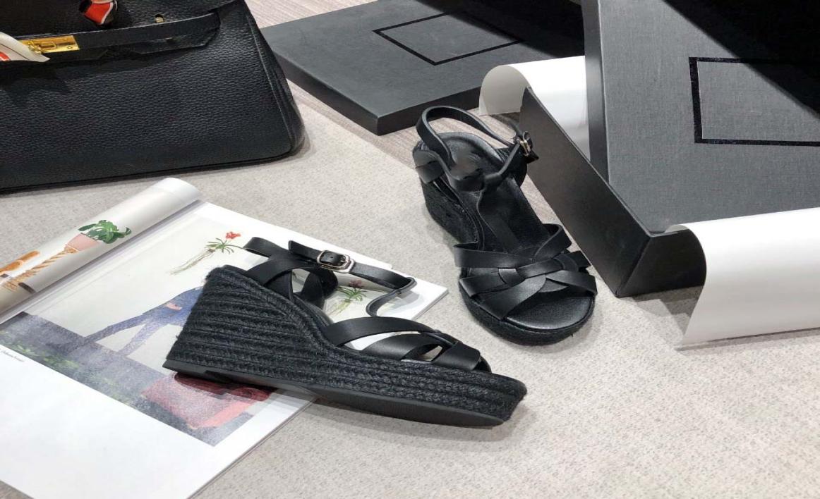 

Straw Slippers sandals sloping heel thick Women Espadrille Strap Round Wedge Fashion Genuine Leather Fisherman Wedding Dress Party5272236, Grey