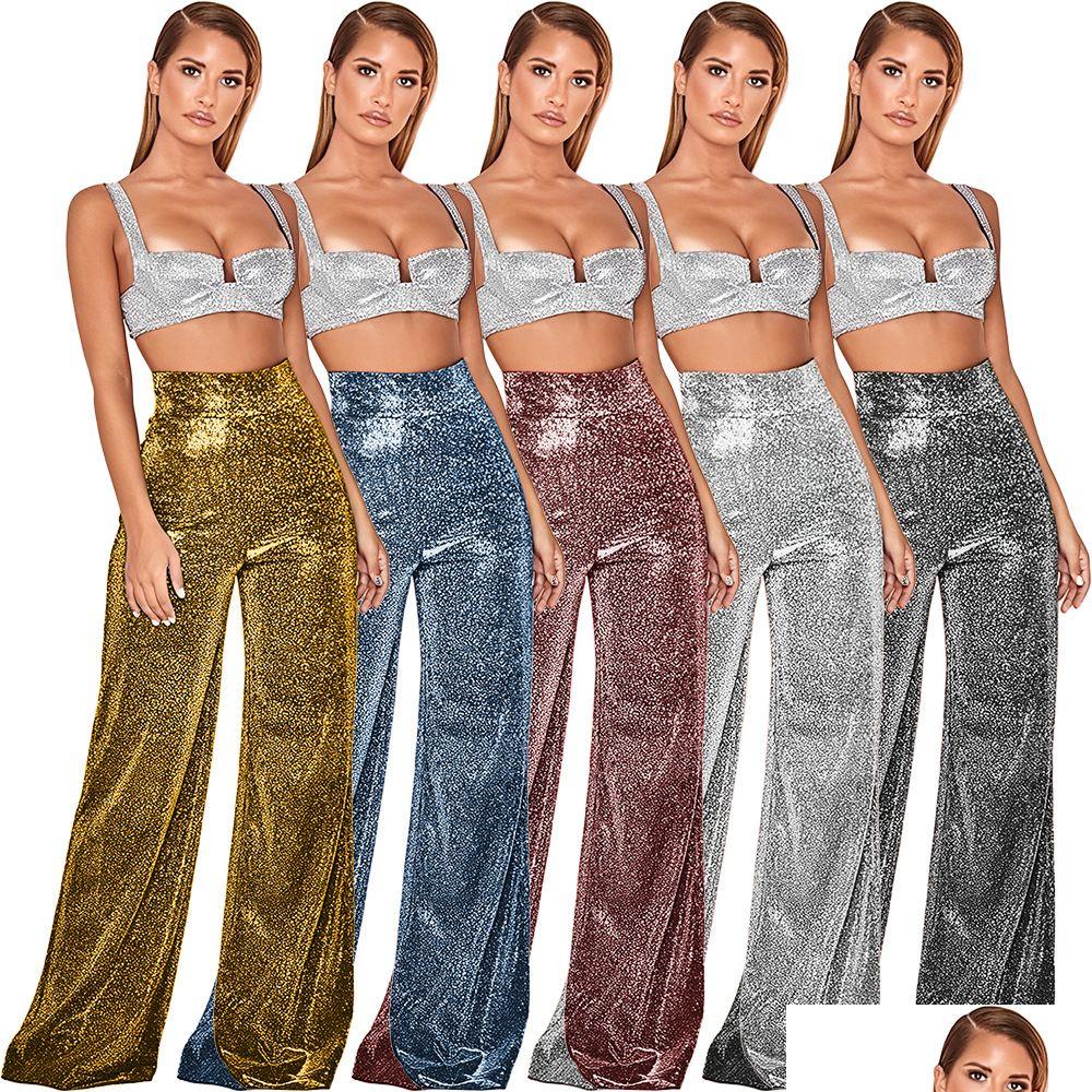 

Women'S Pants Capris 2023 Bling Sequins Wide Leg Women Casual High Elestic Waist Long Pant Female Bot Ship Drop Delivery Apparel W Dhzil, Gold