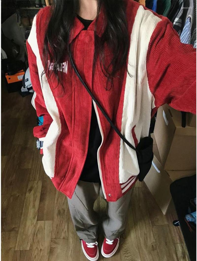 

Women' Jackets American Retro Patchwork Contrast Color Jacket Women Loose Long Sleeve Turn-down Collar Stripe Sporty Zip-up Chic Ropa Mujer, Red