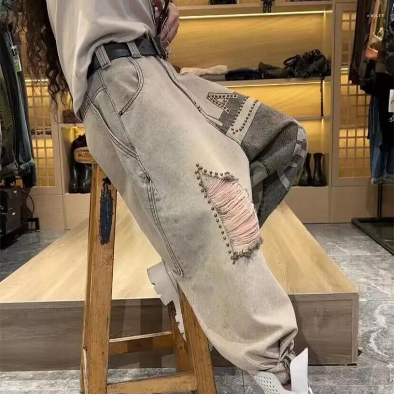

Women's Pants Punk Desigh Holes Harem High Waist Rivet Denim Women Street Wear Casual Loose, Gray