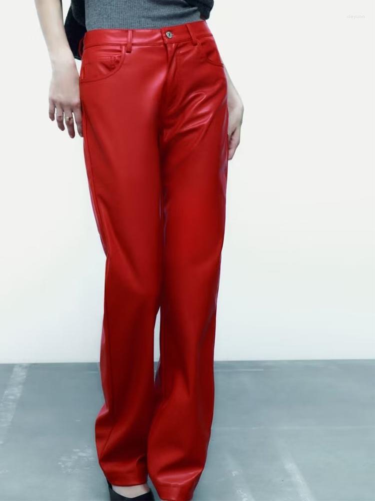 

Women's Pants Women 2023 Fashion Red Faux Leather Trousers Pockets High Waist Office Lady Elegant Pantalon