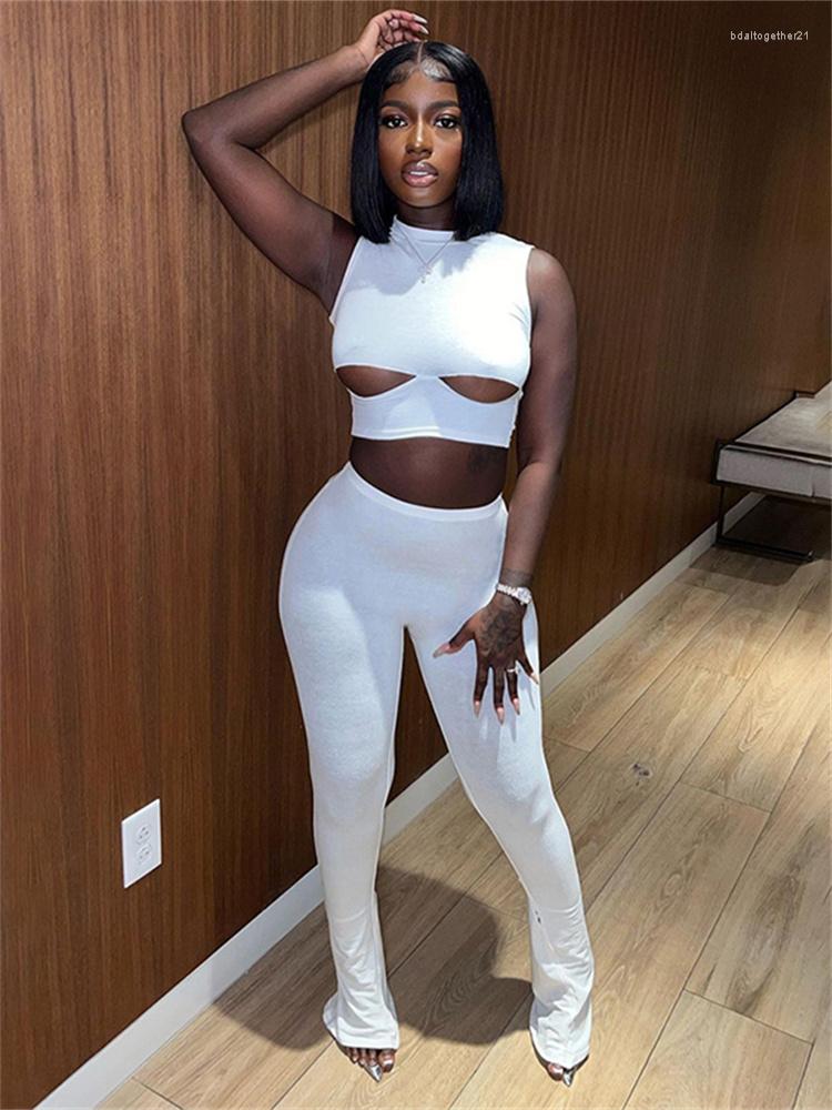 

Women' Two Piece Pants Tracksuits Soild Outfits Women 2 Sets Sleeveless Hollow Out Crop Tops And Skinny Black Flare Matching Suits 2023