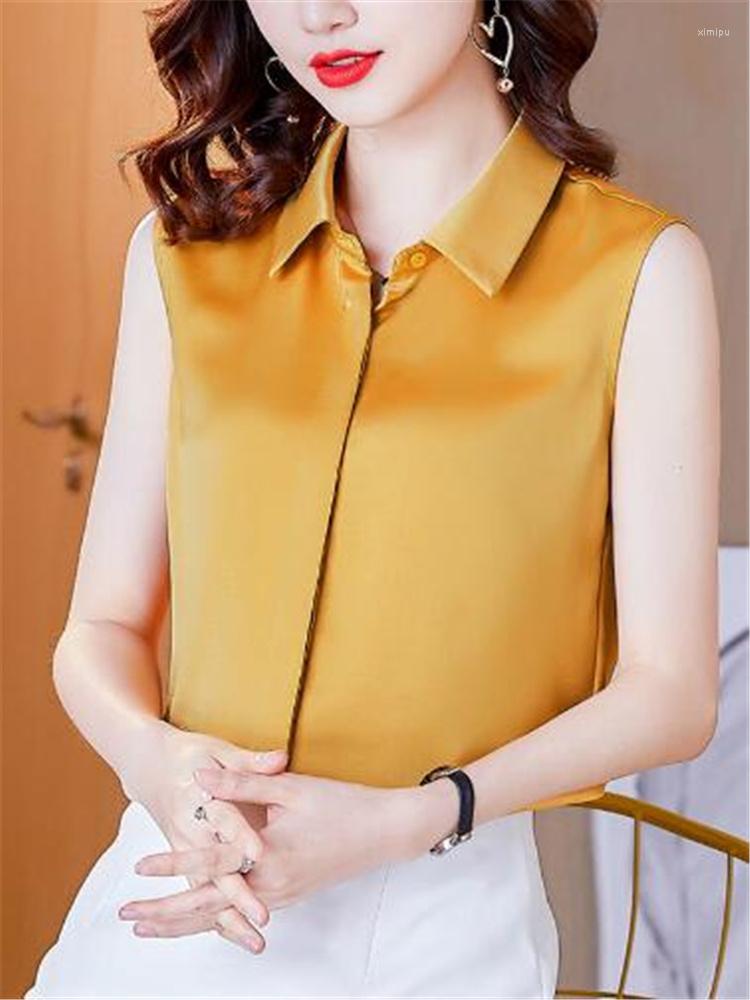

Women's Blouses Summer Sleeveless Shirt Women's Thin Satin Top Simple Woman Clothes Laple Button Up Solid Color OL High-end Femme Bloue, Gold