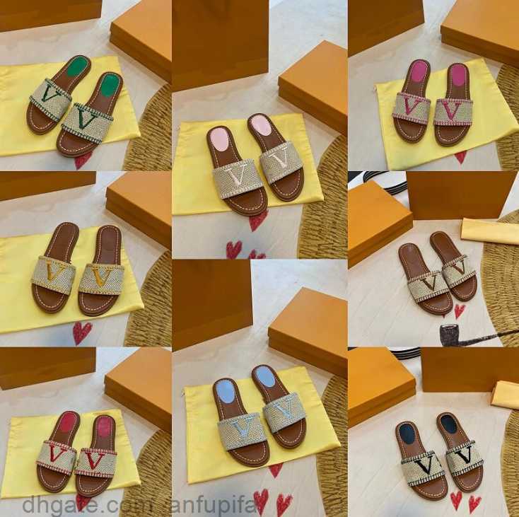 

Weave Slippers Retro Embroidery Summer Luxurys Slippers Women Leisure Flat Bottom Sandal Indoor Outdoor Comfortable Letters Beach Flip Flop With original box