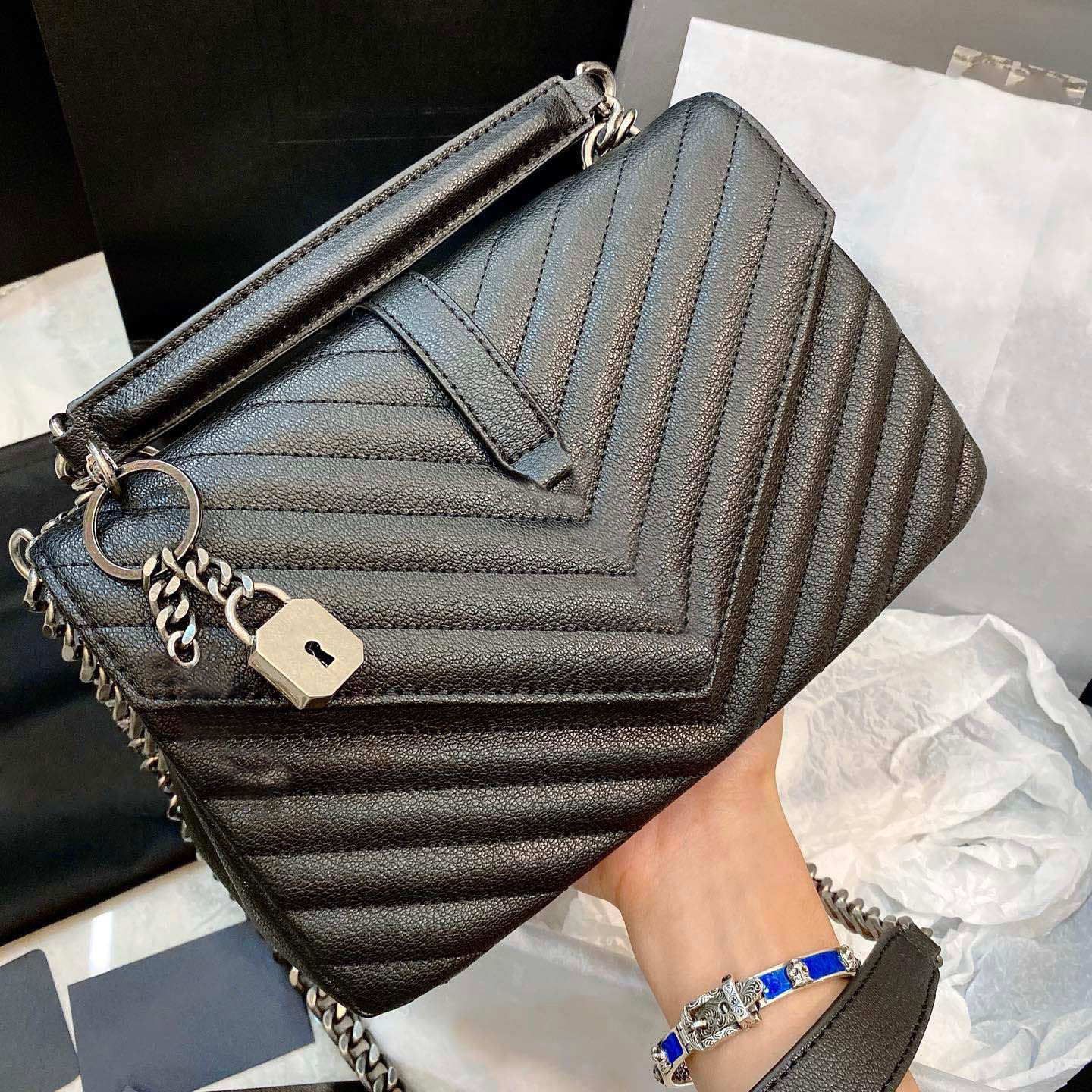 

designer Shoulder bags Women caviar Bags luxury brand Handbags tote bag black calfskin classic diagonal stripes quilted chains double flap Fashion cross body purse, 13