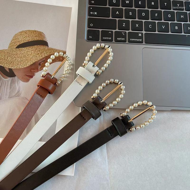 

Belts Johnature Korean Fashion Pearl Oval Decorate All Match PU Patchwork Metal BeltsBelts, White