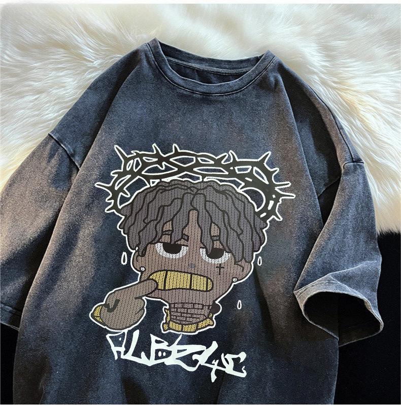 

Men' T Shirts American High Street Washed Old Short Sleeved T-shirt Men Heavy Cotton Y2k Top Summer Oversize Sleeves Harajuku Clothing, Black