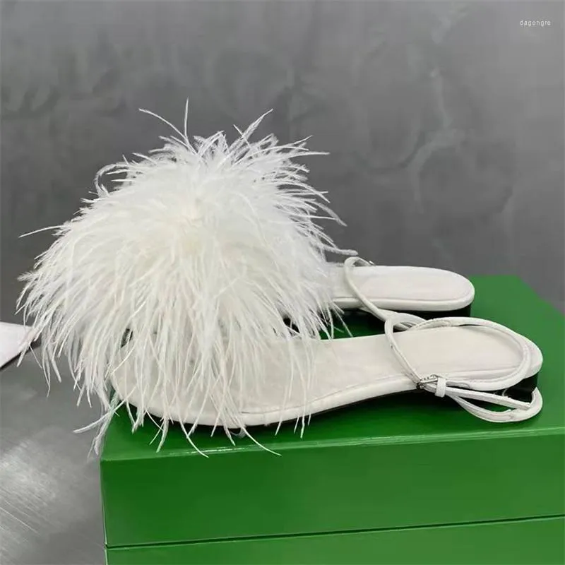 

Sandals Ostrich Hair Women Genuine Leather Flip Flops Runway Shoes Woman Summer Flat Feather For Sandalias Mujer, White