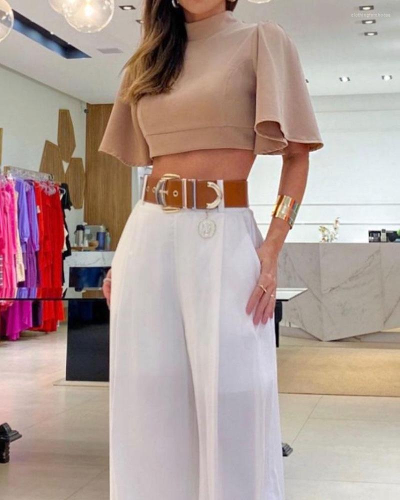 

Women' Two Piece Pants 2023 Summer Women' High-necked Flared Sleeve Fashion Splicing Sexy Cross Backless Top Loose Wide Leg Suit Women, Black