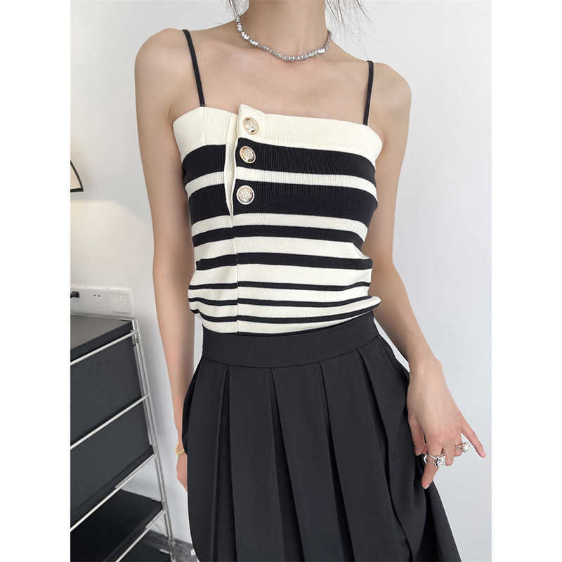 

2023 Striped Tank Top Women's Inner and Summer Outer Wear French Off Shoulder Slim Fit Charm Strap for Women, Stripe